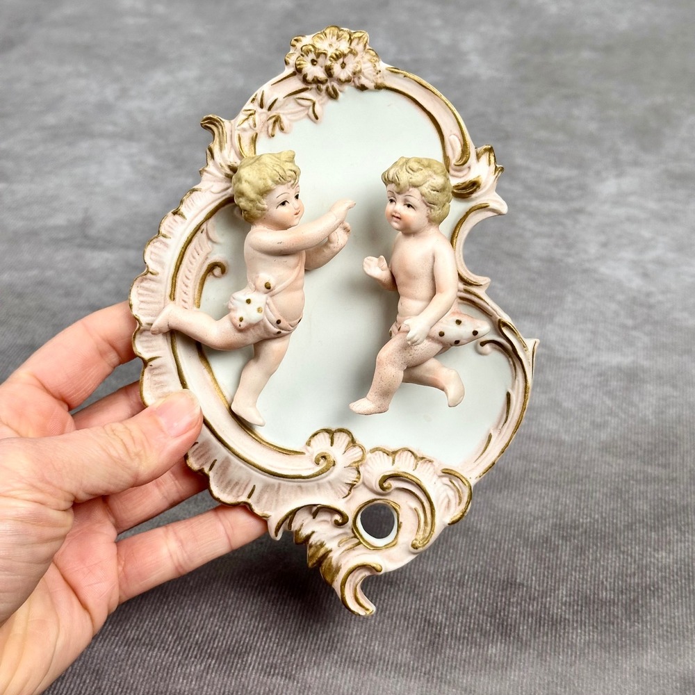 Vintage Lefton Porcelain Cherub Wall Decor Pink Gold Ornate Plaque Hand Painted